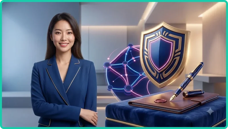 Ảnh minh họa tầm quan trọng của chính sách miễn trách nhiệm với biểu tượng cán cân công lý và tài liệu phát sáng