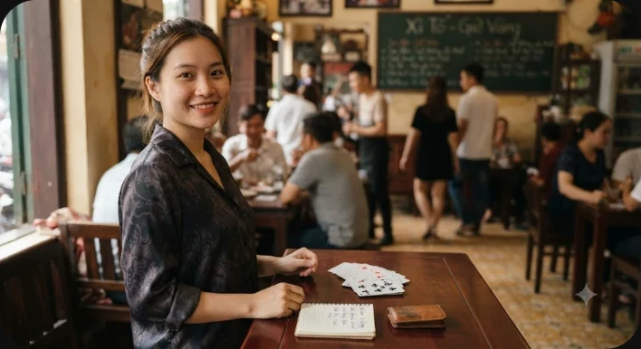 Bài poker úp xuống trên bàn với ánh sáng neon đỏ và xanh tạo cảm giác hồi hộp
