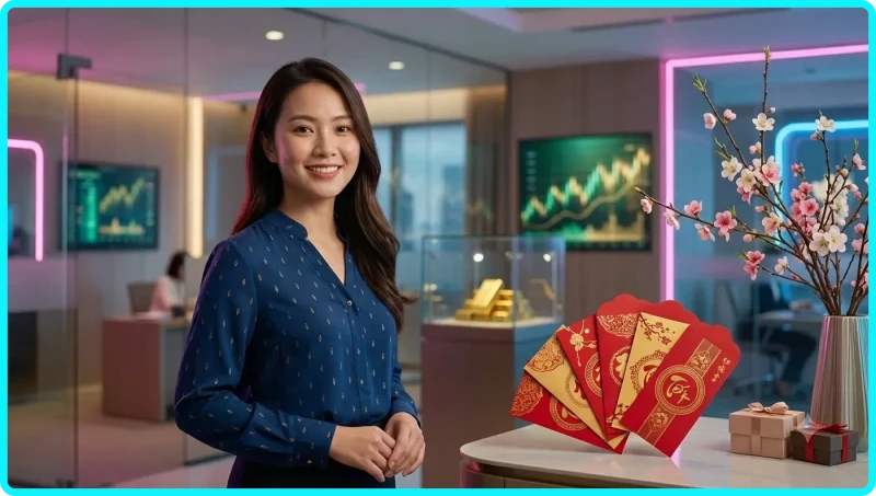 Bao lì xì đỏ với hoa văn vàng rực rỡ, biểu tượng cho chương trình lì xì đầu năm