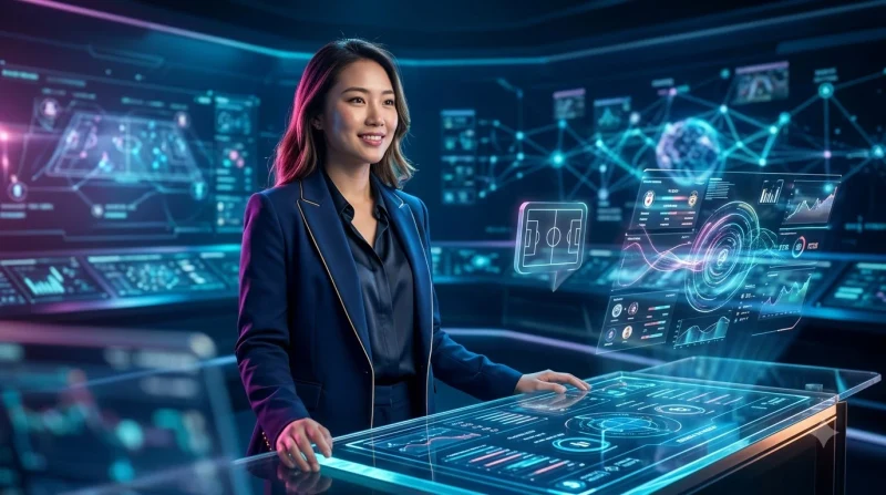 Người chơi đang theo dõi trận đấu bóng đá trực tuyến trên màn hình holographic hiện đại