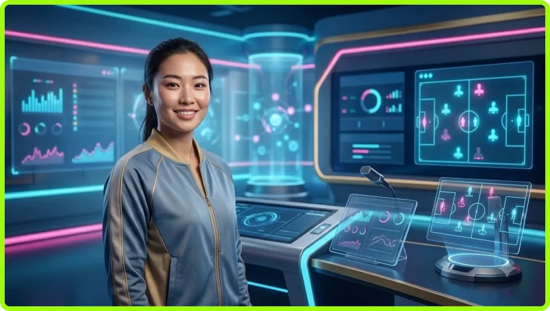 Người chơi đang theo dõi trận đấu bóng đá trực tuyến trên màn hình holographic hiện đại